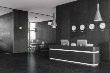Karanlık ahşap duvarları, beton zemini, rahat ahşap resepsiyon tezgahı ve dünya zamanını gösteren iki bilgisayarı olan modern ofis binası. 3d oluşturma