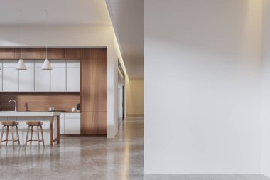 Bar tezgahı, yemek dolabı, iş odası ve koridoru olan şık bir ofis mutfağı. Boş duvar bölümünün fotokopisini çekilen yemek ya da toplantı alanı. 3B görüntüleme