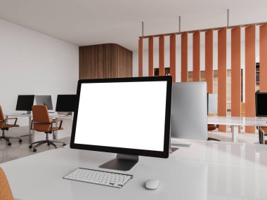 Mobilya ve teknolojiyle yan görüş eşzamanlı çalışma alanı ile bilgisayar boş monitörünün modelini yapın. Çatı katında modern çalışma alanı. 3B görüntüleme