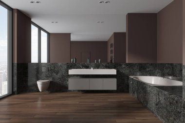 Kahverengi ev banyosu, duvarda asılı tuvalet, çift lavabo ve gösteriş, ahşap zeminde küvet. New York manzarası panoramik pencereli koyu renkli banyo alanı. 3B görüntüleme