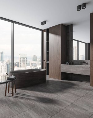 Karanlık ev banyosu, lavabo, yan görüş küveti, raflar ve aksesuarlar. Kuala Lumpur gökdelenlerindeki lavabo ve panoramik pencere. 3B görüntüleme