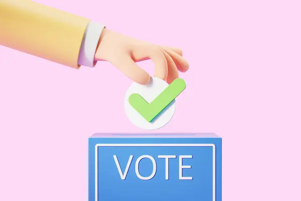 Cartoon character man hand put green tick into blue ballot box, pink background. Concept of vote, election, democracy and poll. 3D rendering illustration