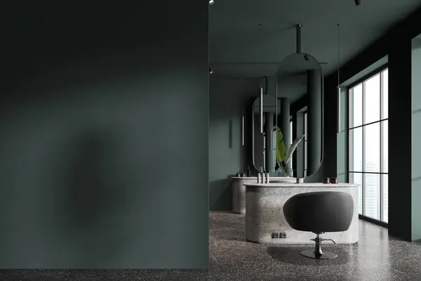 Interior of stylish barbershop with green walls, concrete floor, two hairdresser tables with gray client chairs and big mirrors and copy space wall on the left. 3d rendering