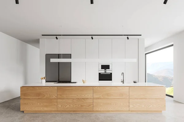 白色的家庭厨房内部有长长的吧台 炉灶和水池 乡间有舒适的橱柜 有冰箱 厨房用具和全景窗 3D渲染 — 图库照片