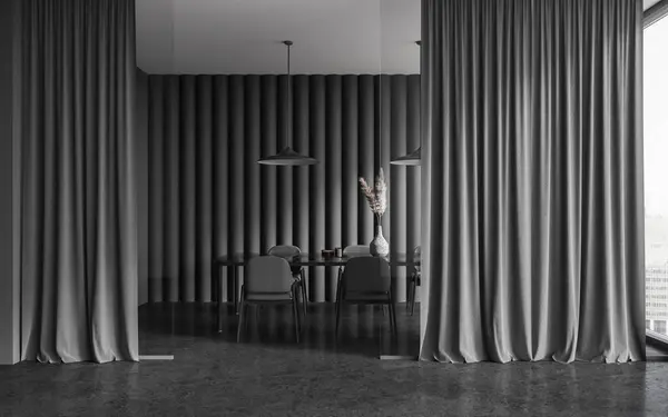 Interno Elegante Sala Pranzo Con Pareti Grigie Vetro Pavimento Cemento — Foto Stock