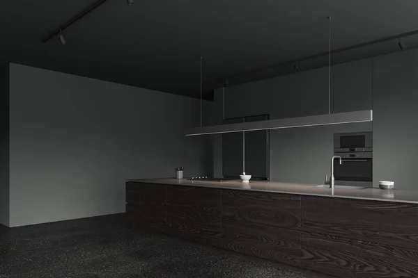 灰色家庭厨房内部与酒吧岛 侧视图炉和水池的角落视图 橱柜与冰箱和厨房用具 烹饪角落在时尚的公寓 3D渲染 — 图库照片