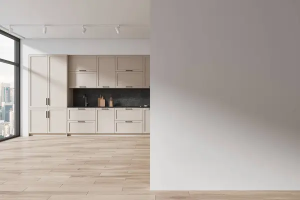 Interieur Der Modernen Küche Mit Weißen Wänden Holzboden Bequemen Holzschränken — Stockfoto