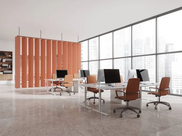 Corner of modern open space office with white walls, tiled floor, row of computer desks with orange chairs and orange partition. Panoramic window with cityscape. 3d rendering