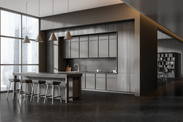 Corner of stylish office kitchen with gray and dark wooden walls, concrete floor, gray cabinets with built in cooker and sink and bar counter with stools. 3d rendering