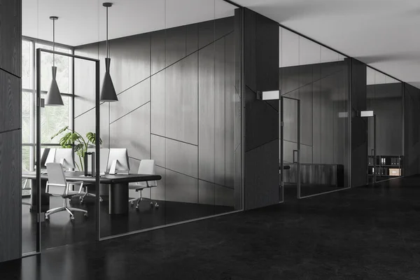 Black coworking interior with office armchairs, side view black concrete floor. Office hallway and glass business room with technology. Panoramic window on tropics. 3D rendering