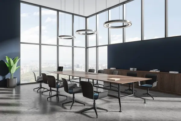 Dark meeting interior with armchairs and conference board, side view office sideboard with decoration. Ceo negotiation corner with panoramic window on New York. 3D rendering