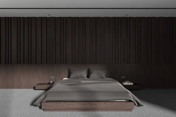 Dark luxury home bedroom interior with bed and nightstand, grey carpet on the floor. Sleep room with minimalist decoration and brown wooden paneling wall. 3D rendering
