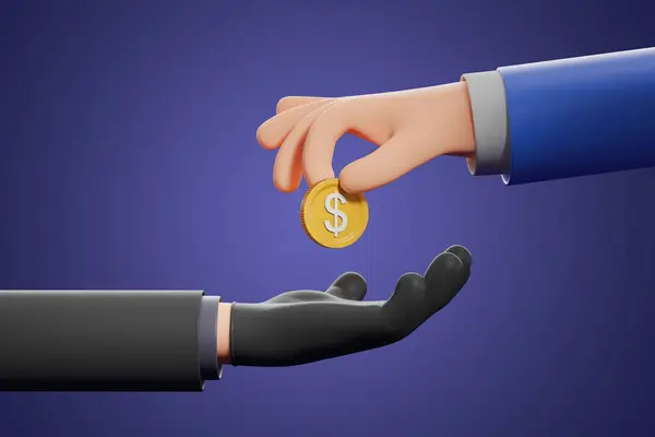 Cartoon character man holding out a coin to a scammer, hand in black glove on dark blue background. Concept of tricking people, fraud and swindling. 3D rendering illustration