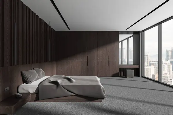 Dark Hotel Room Interior Bed Dressing Table Sleeping Space Panoramic — Stock Photo, Image