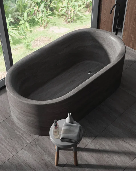 Top View Hotel Bathroom Interior Grey Stone Bathtub Accessories Tile — Stock Photo, Image