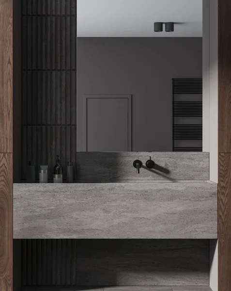 Interior Stylish Bathroom Gray Dark Wooden Walls Massive Stone Sink — Stock Photo, Image