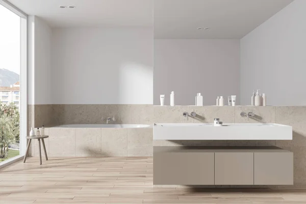 白色的酒店浴室内部与双池和浴缸 虚荣心和配件 全景窗口热带地区 豪华公寓的现代化浴室 3D渲染 — 图库照片
