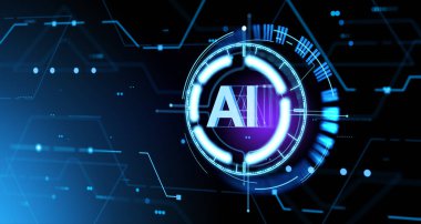 Yapay zekayla dijital hologram, soyut daireler ve dijital devre kartı. Yapay zeka, fütüristik teknoloji ve makine öğrenimi kavramı. 3B resimleme