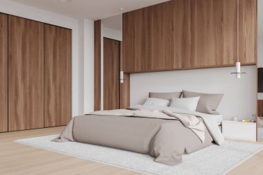 Lüks otel odasının içi yatak odası dekoratif komodinli, yan manzaralı. Ahşap dolabı ve aynası olan, ahşap zeminde halı olan bir köşe. 3B görüntüleme