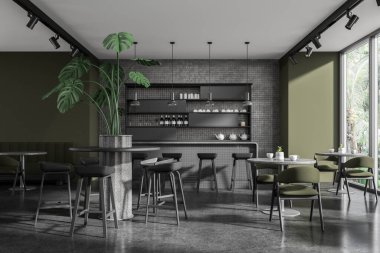Yeşil ve gri fayanslı duvarları, beton zemini, tabureli rahat gri bar tezgahı, yeşil sandalyeli yuvarlak masaları ve rahat kanepesi olan şık bir restoran. 3d oluşturma