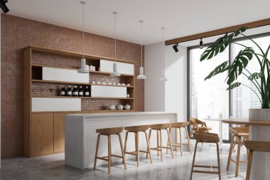 İçi tezgah ve sıra sıra taburesi olan rahat bir bar dolabı ve bitkilerle dolu bir yemek masası. Singapur gökdelenlerinde panoramik pencereli şık bir yemek köşesi. 3B görüntüleme