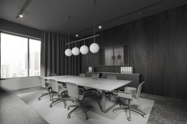 İçi sandalye ve pansiyonla dolu siyah lüks toplantı, televizyon ekranlı yan manzara büfesi. Kuala Lumpur gökdelenlerinde perde ve panoramik pencere olan şık bir ofis müzakere köşesi. 3B görüntüleme