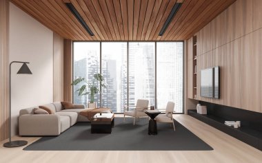 Kanepe, koltuk, televizyon ekranı ve parke zeminde konsolu olan bej renkli bir oturma odası. Süslü kahve masası ve gökdelenlerde panoramik pencere. 3B görüntüleme