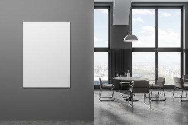 Koyu kafeteryanın içinde koltuklar, sıra sıra masa, gri beton zemin. New York 'ta panoramik pencereli şık bir restoran restoranı. Tuvalin posterini hazırla. 3B görüntüleme