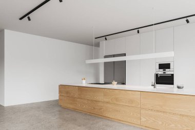 Bar adası, yan manzaralı soba ve lavabo ile sıcak ev mutfağı. Buzdolabı ve mutfak gereçleri olan beyaz bir dolap. Yeni şık bir dairede yemek köşesi. 3B görüntüleme