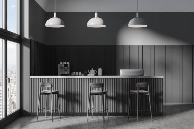 Gri ve koyu ahşap duvarları, beton zemini, taburesi ve duvarında kahve makinesi olan şık bir kafenin içi. 3d oluşturma