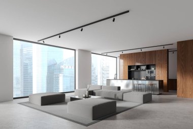 Beyaz ve ahşap stüdyo iç mekanı kanepe ve sehpa, yan görünüş metal bar tezgahı ve granit zeminde tabure. Dolap ve panoramik pencereli yemek köşesi. 3B görüntüleme