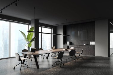 Sandalyeler ve dizüstü bilgisayarlarla modern toplantı, gri granit zeminde büfesi olan yan ekran televizyon. Singapur 'da modern toplantı ve panoramik pencereyle birlikte çalışma köşesi. 3B görüntüleme