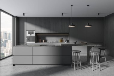 Taş bar adası, taburesi ve gri beton zemini olan karanlık bir ev mutfağı. Lavabo ve kahve makinesiyle rahat bir yemek odası. Kuala Lumpur gökdelenlerinin panoramik penceresi. 3B görüntüleme