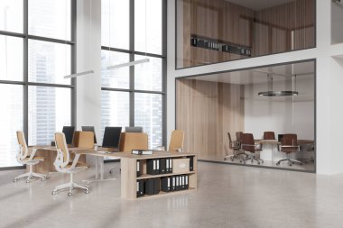 Beyaz ve ahşap duvarları, beton zemini, bej sandalyeli bilgisayar masaları ve yuvarlak toplantı masalı toplantı odaları olan modern açık uzay ofisinin içi. 3d oluşturma