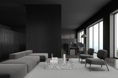 Karanlık ofis içi. Koltuğu ve koltuğu olan rahat bir yer. Panoramik pencereye yakın dekorasyonu olan bir sehpa. Arka planda modern çalışma alanı ve masa başında bilgisayar var. 3B görüntüleme