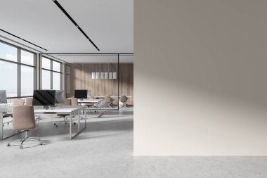 Bej ışıklı ofis içi, ortak masada bilgisayar, sıra sıra koltuklar. New York 'ta panoramik pencereli cam toplantı odası. 3B görüntüleme