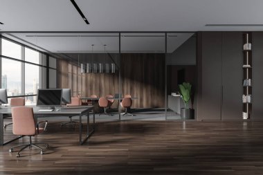 İçinde ahşap ve cam duvarlar, beton zemin, kahverengi sandalyeli bilgisayar masası, kahverengi kitaplık ve arka planda konferans odası olan modern açık uzay ofisi. 3d oluşturma