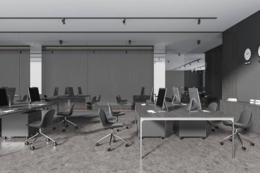 İçinde sandalyeler ve bilgisayar olan karanlık çalışma alanı, gri beton zeminde sıra sıra dizilmiş masa. Büfe ve dünya saati olan şık cam ofis alanı. 3B görüntüleme