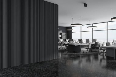 Ofis içi karanlık, bilgisayar masaüstü, sandalyeler sıra, yan görüş. New York 'ta ortak masası ve panoramik penceresi olan şık bir iş yeri. Boşluk boş duvar bölümünü kopyala. 3B görüntüleme