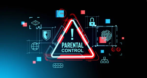 View of immersive futuristic parental control interface with alert sign over dark blue background. Concept of child online protection from explicit content. 3d rendering