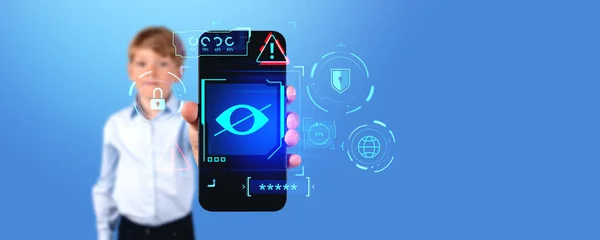 Boy showing smartphone with sensitive content hologram on the screen. Crossed eye, security and warning sign with hidden password. Concept of explicit and censored only adult media