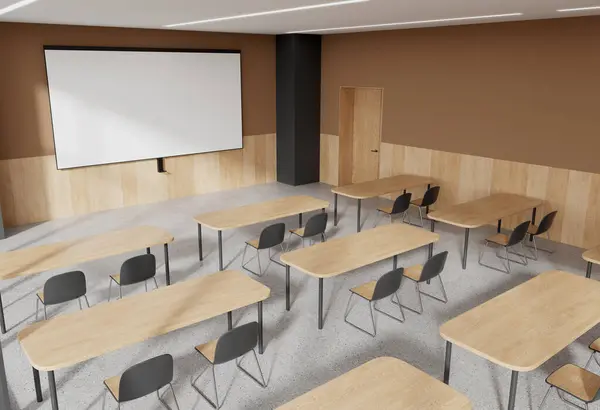 Top view of wooden auditorium interior with chairs and desk in row, mock up copy space projection screen on wall. Seminar or learning space with furniture and door. 3D rendering