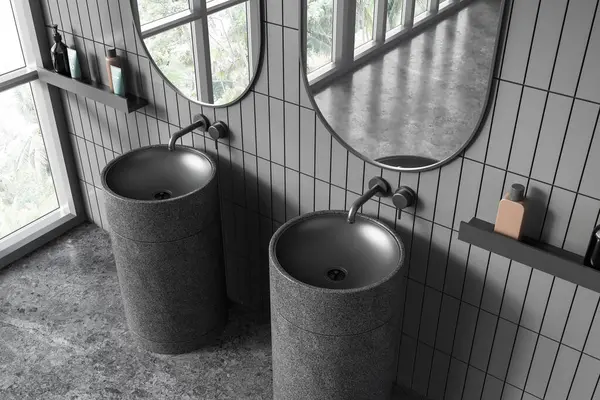 Top View Hotel Tile Bathroom Interior Double Sink Shelf Accessories — Stock Photo, Image