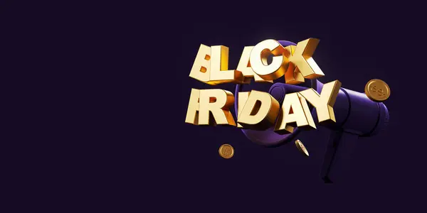 Black Friday golden letters with big loudspeaker and falling coin, copy space dark background. Concept of sale, discount and promotion. 3D rendering illustration