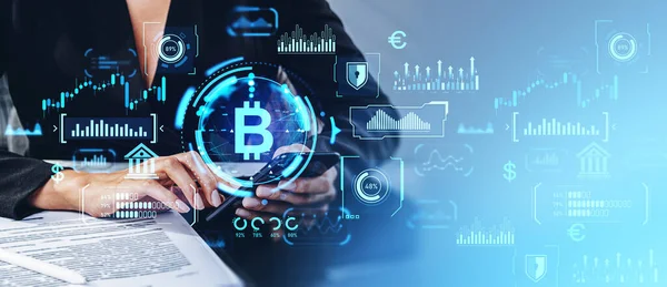 Woman Hands Using Phone Double Exposure Glowing Bitcoin Dashboard Graph — Stock Photo, Image