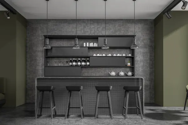 Interior Bar Gelap Dengan Meja Dan Bangku Baris Lantai Granit — Stok Foto