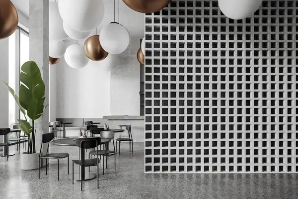 Interior Moderno Restaurante Loft Com Paredes Padrão Branco Geométrico Piso — Fotografia de Stock