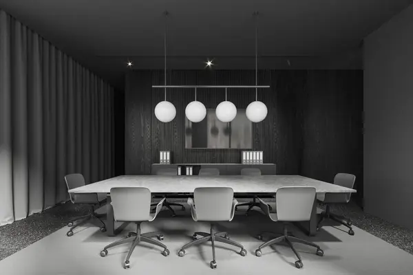 Interior of stylish conference room with gray and wooden walls, concrete floor, long conference table with gray chairs and TV set hanging on the wall. 3d rendering
