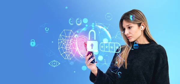 Serious woman portrait looking at the phone, biometric verification and facial recognition, digital hologram fingerprint, padlock with pin code. Concept of data privacy and identification