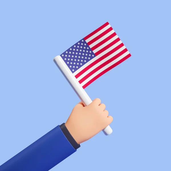 Cartoon character man with us flag, blue background. Concept of United States of America, 4th july, Independence Day, patriotism or national holiday. 3D rendering illustration